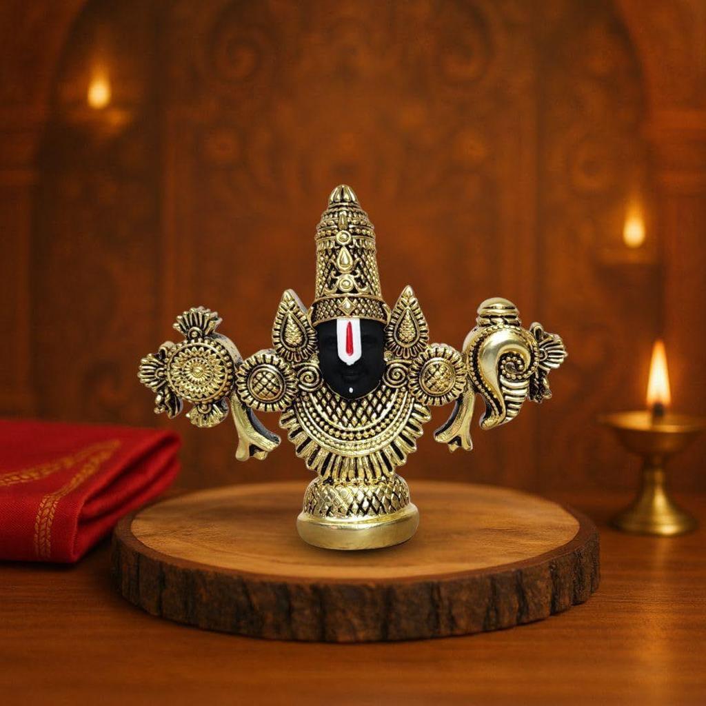 Lord Venkateswara Balaji Idol | Gold-Plated Antique Matte Finish Murti | 3.5 X 4.2 Inch | Tirupati Balaji Statue for Home Mandir, Office & Gifting