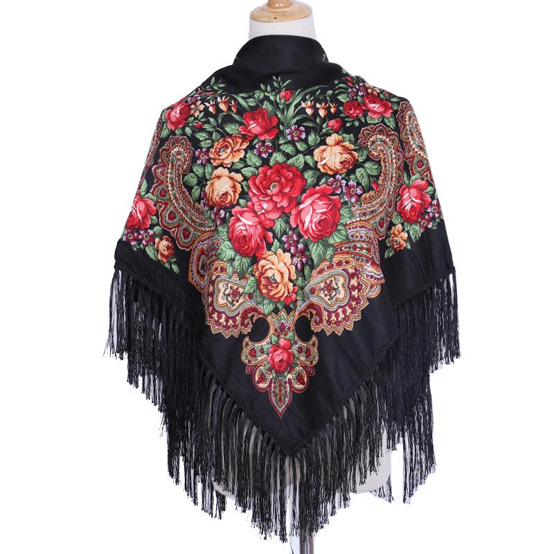90*90Cm Ethnic Style Headscarf Square Scarves For Women Retro Peony Flower Print Fringed Shawl Handkerchief Cotton Head Wraps