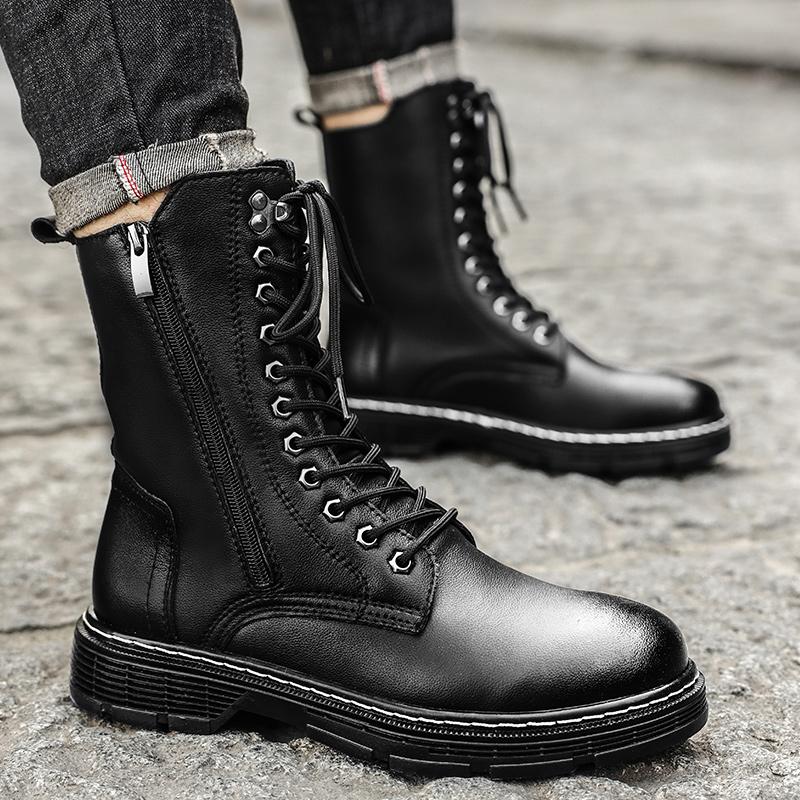 2025 New Warm Plush Fur Winter Shoes Genuine Leather Mens Footwear Metal Zipper Male Motorcycle Boots Lace-Up Casual Ankle Boots
