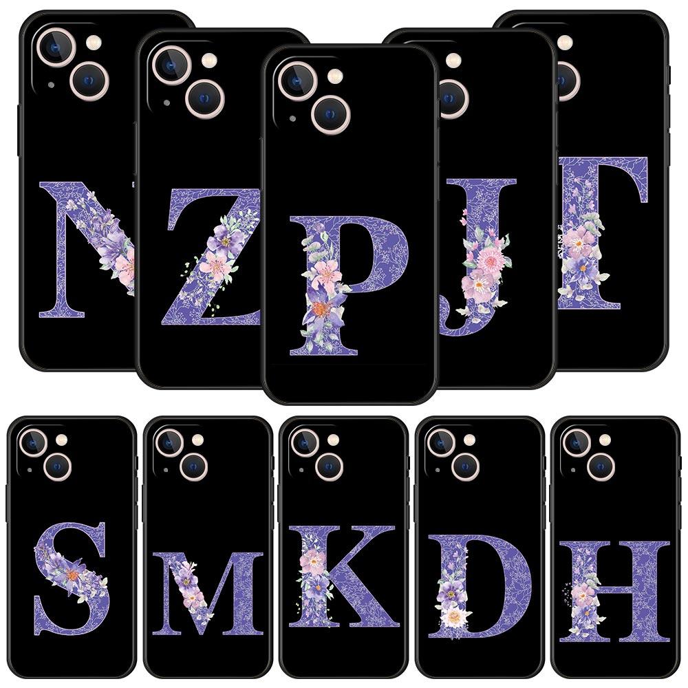 Letters Purple Flower Phone Case For iPhone 17 16 15 Pro Max 11 12 13 14 7 8 Plus SE 2020 X XR XS Cover Soft Black