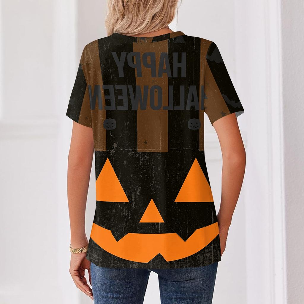Women Casual Halloween Print V Neck Short Sleeve Button T Shirt Lightweight Soft Fabric Relaxed Fit Top for Everyday Wear