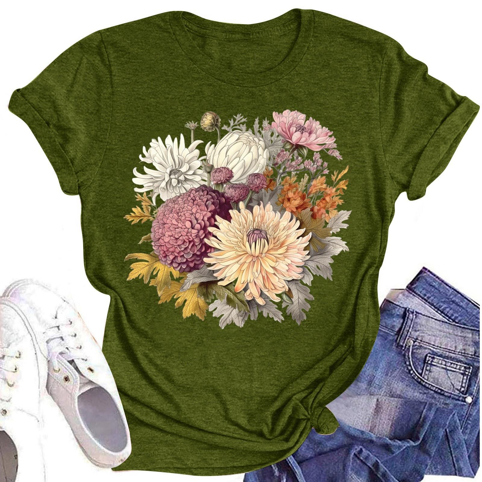 

Женская повседневная футболка с круглым вырезом и цветочным принтом, короткий рукав L армия зеленый