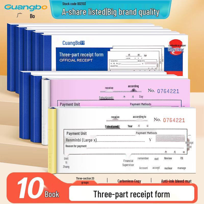 GuangBo Carbonless Receipt Book 10-Pack