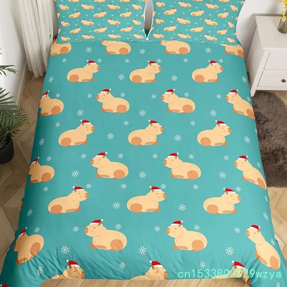 Niedliche Capybara-Druck Bettwäschesets Full Kawaii Honigbiene Bettbezug, Cartoon-Tiere Bettset Roter Liebesherz-Druck Bettbezug