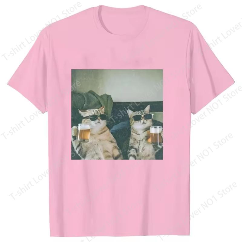 Funny Cool Cat Drinking Beer Tshirt Casual Short Sleeve T Shirt Unisex Women Clothes Harajuku Round Neck Unisexs Designer Tops
