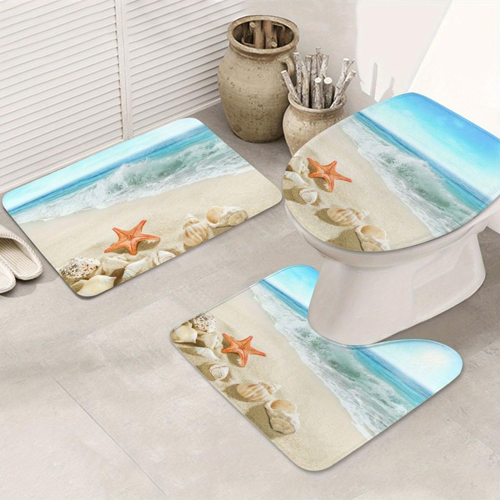 3-Piece Bathroom Mat Set - Anti-Slip Starfish & Seashell Design, Machine-Washable, Soft Flannel - Ideal for Home Safety and Decor