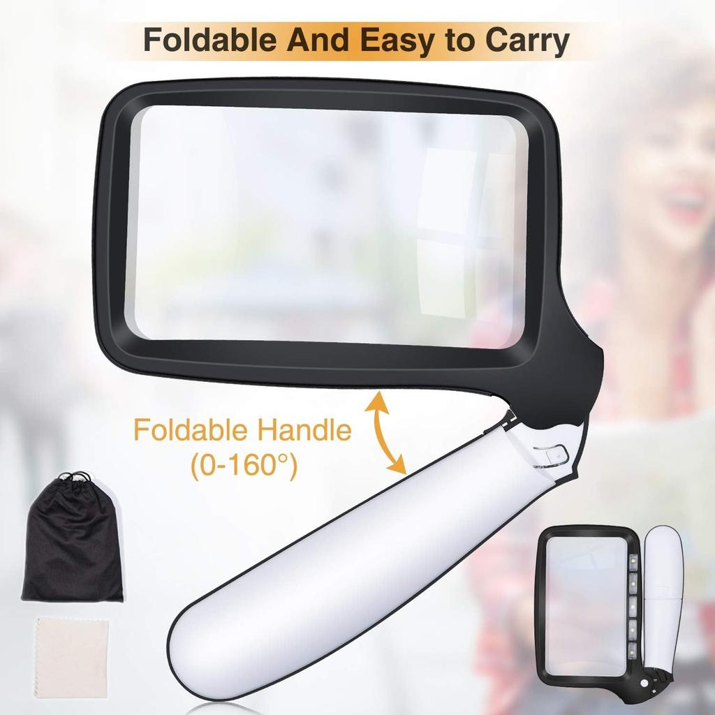Kaome Rectangular Magnifying Glass with Light Magnifier Large Foldable Handheld 5 LED, 2 Dimming Modes, 2X Magnifying Reading for Seniors Low Vision