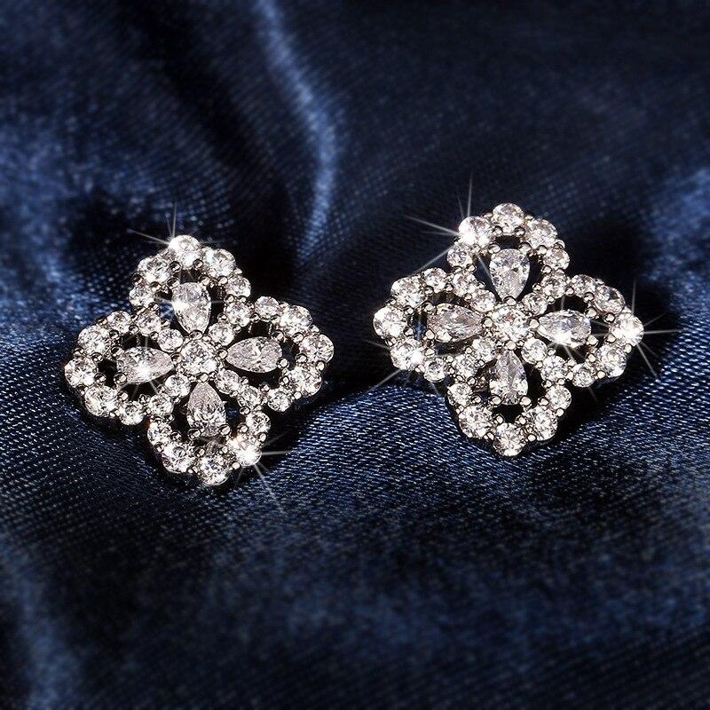 New Arrival Arrive Women Sterling Color Hollow Clover Ear Studs Shining Cubic Zircon Crystal Stone Earrings Girl JewelryWedding Jewelry