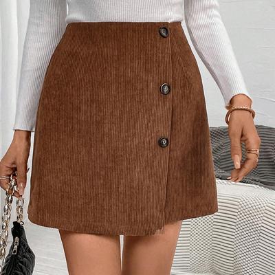 Women‘s Corduroy A-Line Skirt - High Waist Button Front Asymmetric Mini Skirt