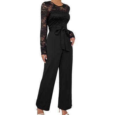 New Loose-fitting Jumpsuit with Lace, Zipper and Tie In Solid Color