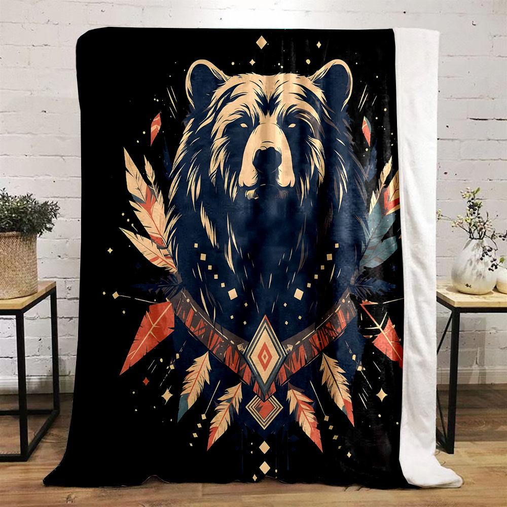 Tribal Bear with Feathers Artwork Patterned flannel blanket perfect for the bedroom living room, sofa, or a little nap