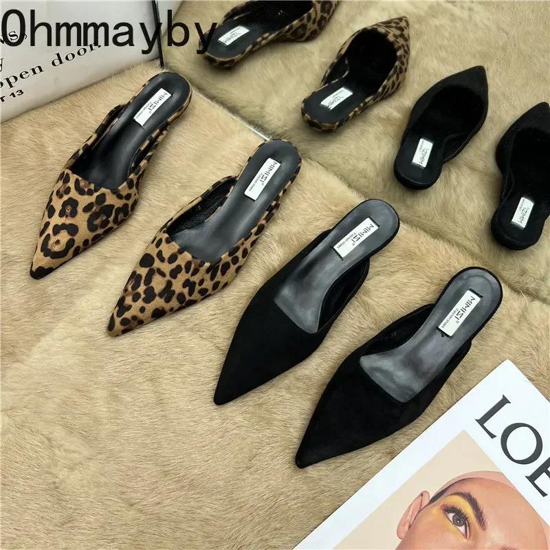Mules a Punta Primavera Moda Stampa Leopardo Pantofole da Donna Scarpe Casual da Donna Tacchi Bassi Eleganti Ciabatte da Esterno da Donna
