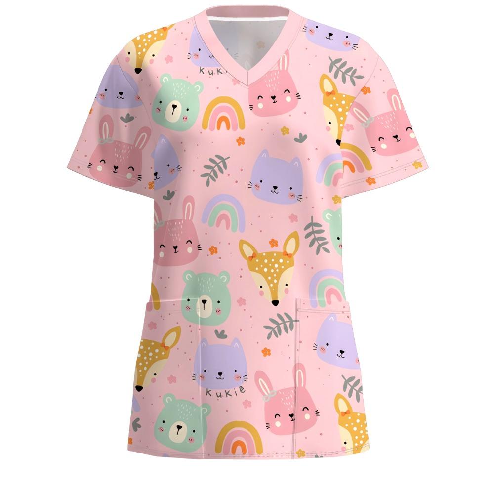 Casacca Medica da Donna Elegante Scollo a V Carini Motivi Animali Cartoni Animati Maniche Corte Comode con Tasche Casacca Donna
