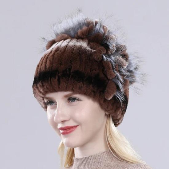 Brand Women Genuine Rex Rabbit Fur Hats Winter Rex Rabbit Fur Beanies Striped Top Flower Fox Fur Warm Real Fur Knit Caps