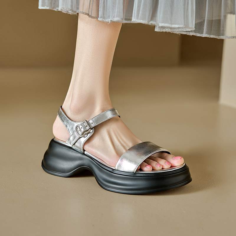Krazing Pot Sheepskin Peep Toe Thick High Heels Summer Shoes Buckle Straps Platform Casual Women Sandals