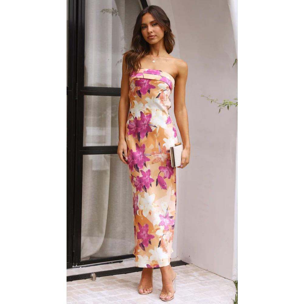 Spring and Summer New Style Elegant Lady Satin Backless Tube Top Dress Print