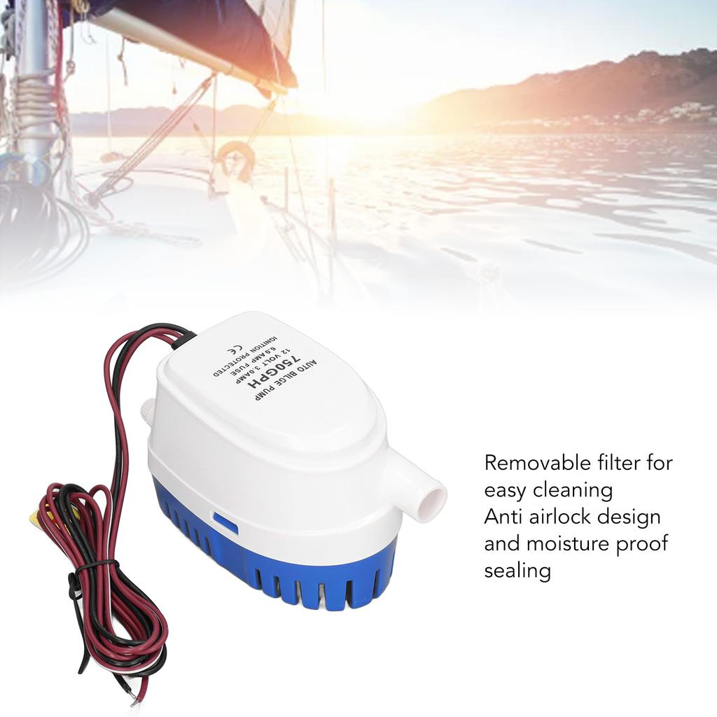 Automatic Bilge Pump DC 12V Plastic Removable Filter Easy Cleaning Boat Bilge Water Pump for Marine Yacht 750GPH