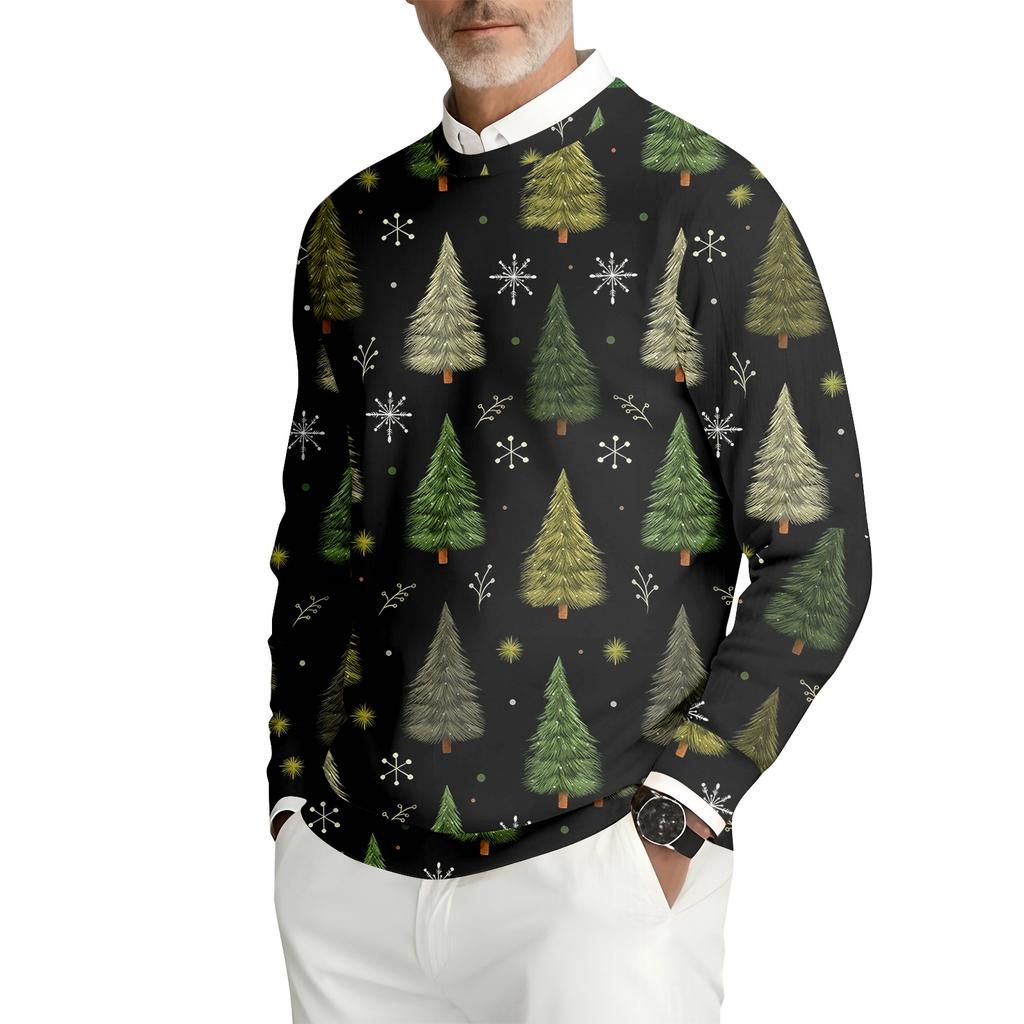 Men's Printed Round Neck Long Sleeve Ribbed Knit Sweatshirt