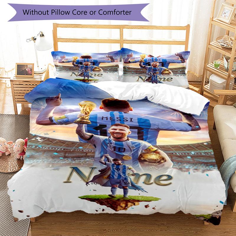 Messi World Cup Champion Personalized Name Bedding Set,Airy Bed Linen for Sports Room Decor,Perfect Teenager Gift,Double Sided Duvet Cover with Pillow
