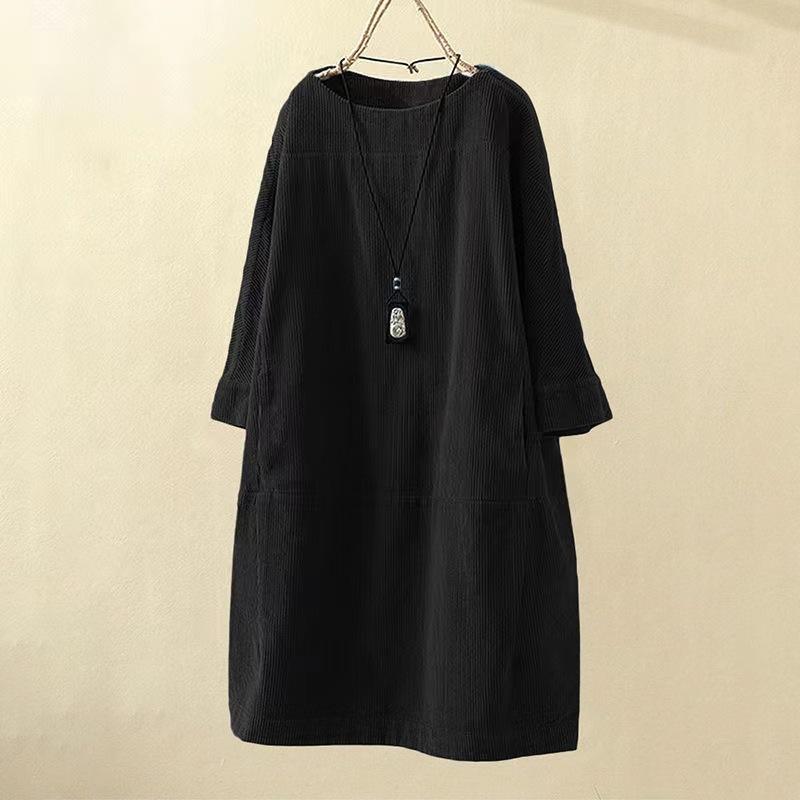 Women's Round Neck Long Sleeve Corduroy Midi Dress Loose A-Line Dress Vintage Retro Solid Color Casual Plus Size Shift Dress