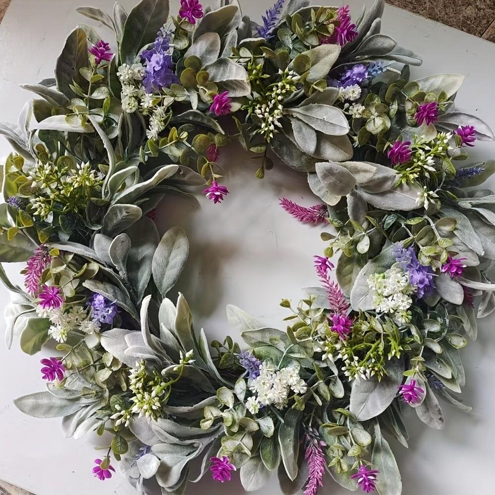 Flocked Lambs Ear Lavender Wreath Realistic Vivid Colors Spring Door Wreath Faux Flowers Handmade Door Hanging Wreath Front Door