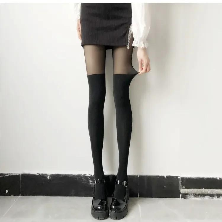 

2025 Women Tights Pantyhose Patchwork Sheer Black Thigh High Stocking Tights Women Female Cosplay Over Knee Stripe Pantyhose One Size
