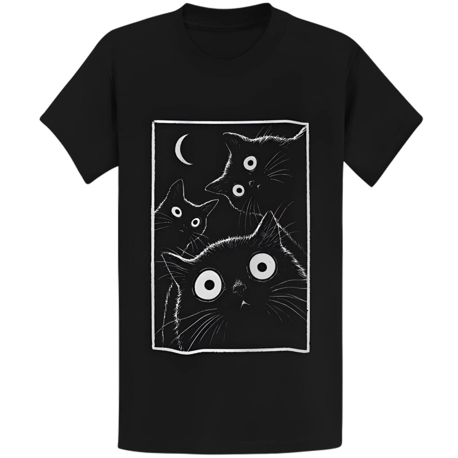 Gildan 5000 Black Cat Moon T-Shirt Retro Cat Lover Graphic Tee S