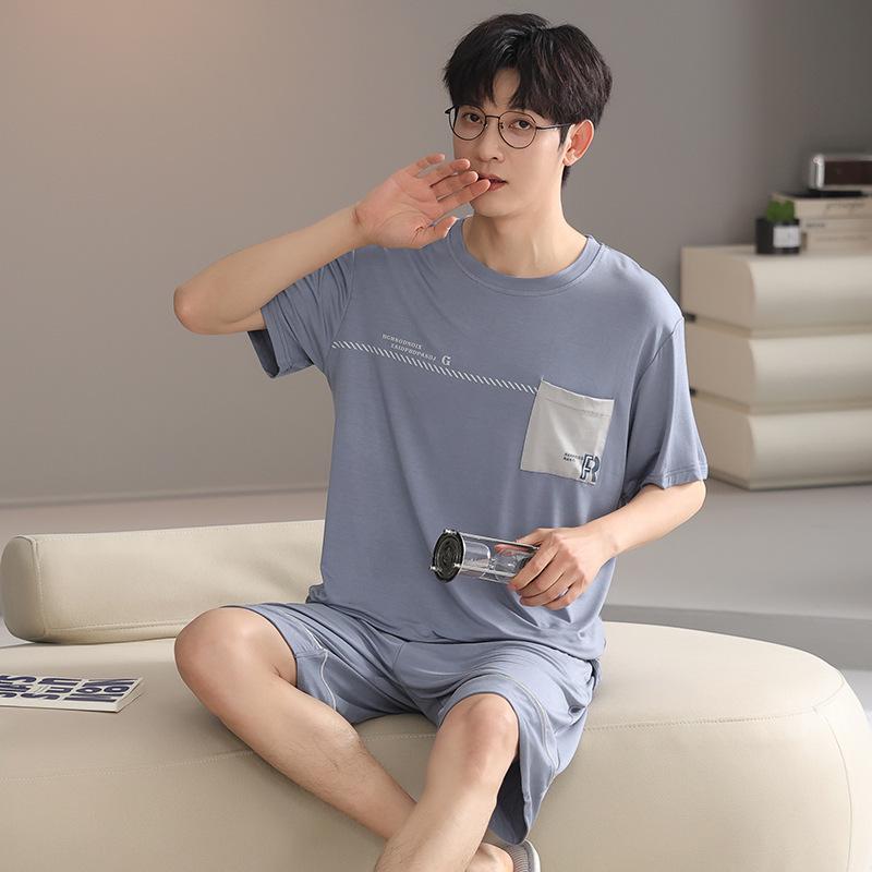 Men's Summer Ice-Fabric Pajama Set: Short Sleeve, Round Neck, Plus Size