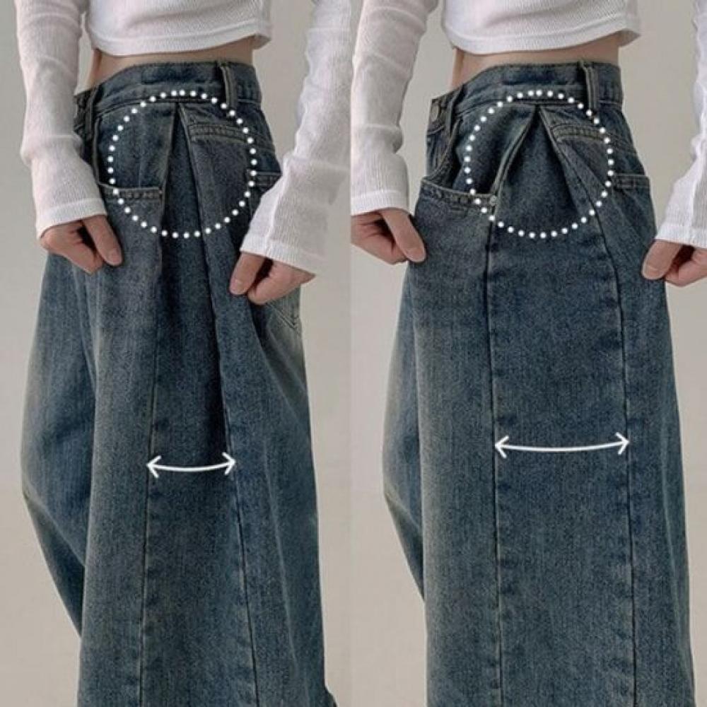 The Pink Lugy Fleece Side Pintuck Cat Wash Wide Denim Pants