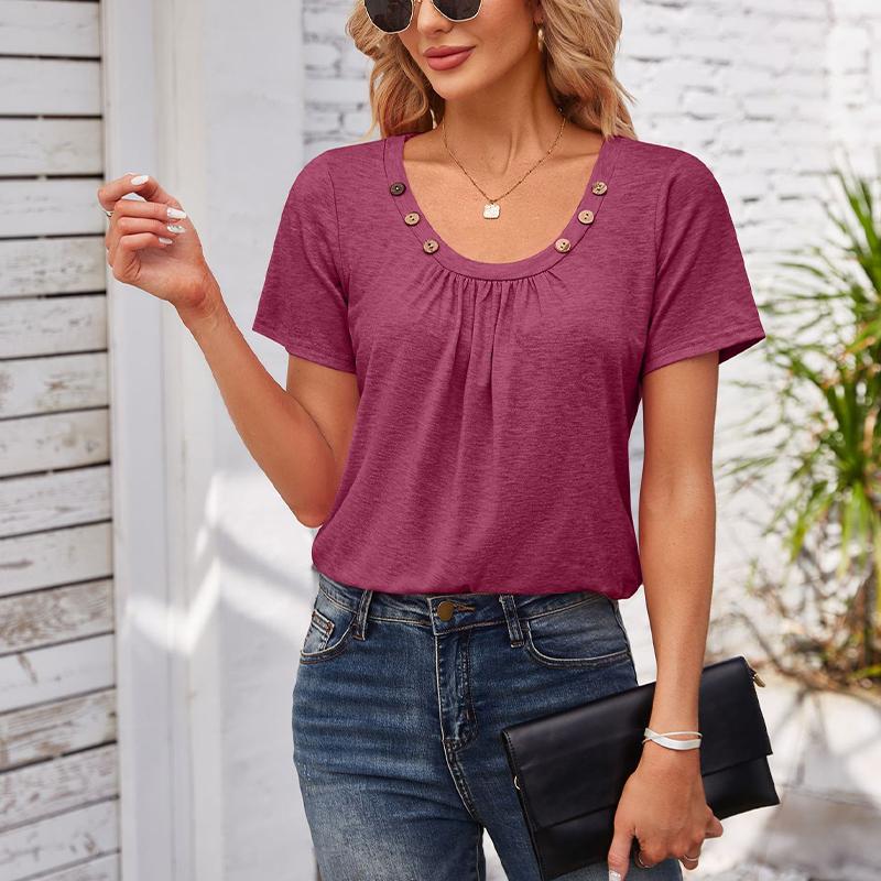 Women's Square-neck Top Pleated Solid Color Loose Button T-shirt