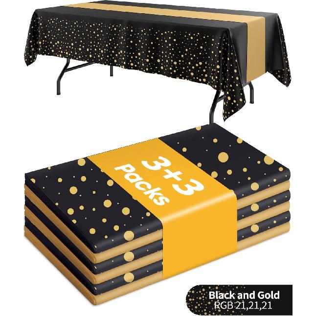 New Year Table Cloth for Rectangle Table and Table Runner Set - 3+3 Pack, Plastic Table Cloth Disposable, Black and Gold Tablecloth for Graduation