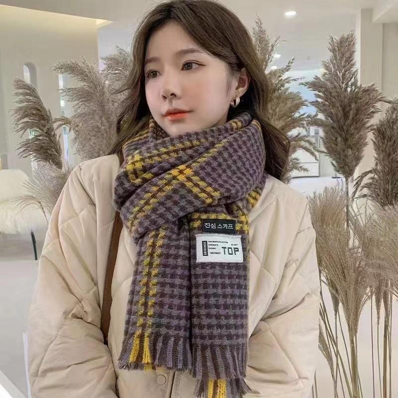 Plaid Knit Scarf Women Winter Warm Shawl Wrap Student Style Chic Ins Trendy Thick Neck Warmer