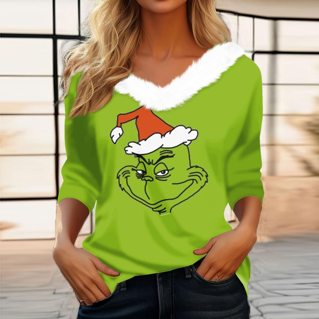 Women's T Shirt Tee Christmas Shirt Long Sleeve Party Christmas Fleece Collar V Neck Top