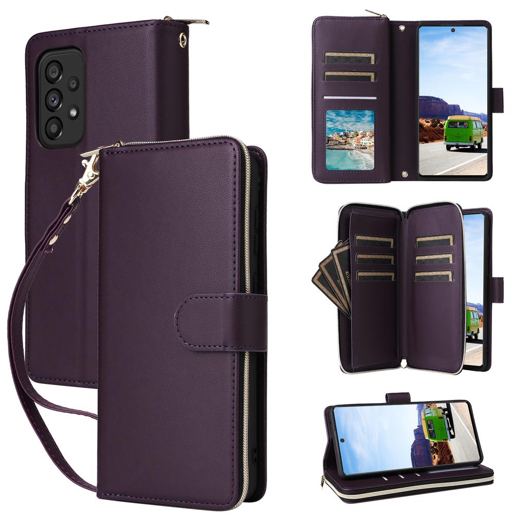 R20 Für Samsung Galaxy A53 5G Hülle Reißverschluss Leder Handyhülle mit 9 Kartenfächern