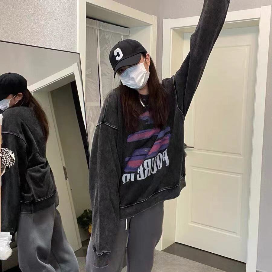 Vintage Distressed Sweatshirts Fleece Women Hip Hop Streetwear O-Neck Loose Long Sleeve Print Graphic Hoodie Autumn Winter