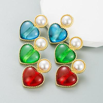 Women Retro Drop Earrings Titanium Steel Alloy Pendant Earrings Acrylic Colorful Resin Bead Heart Shape Geometric Ear Ornaments