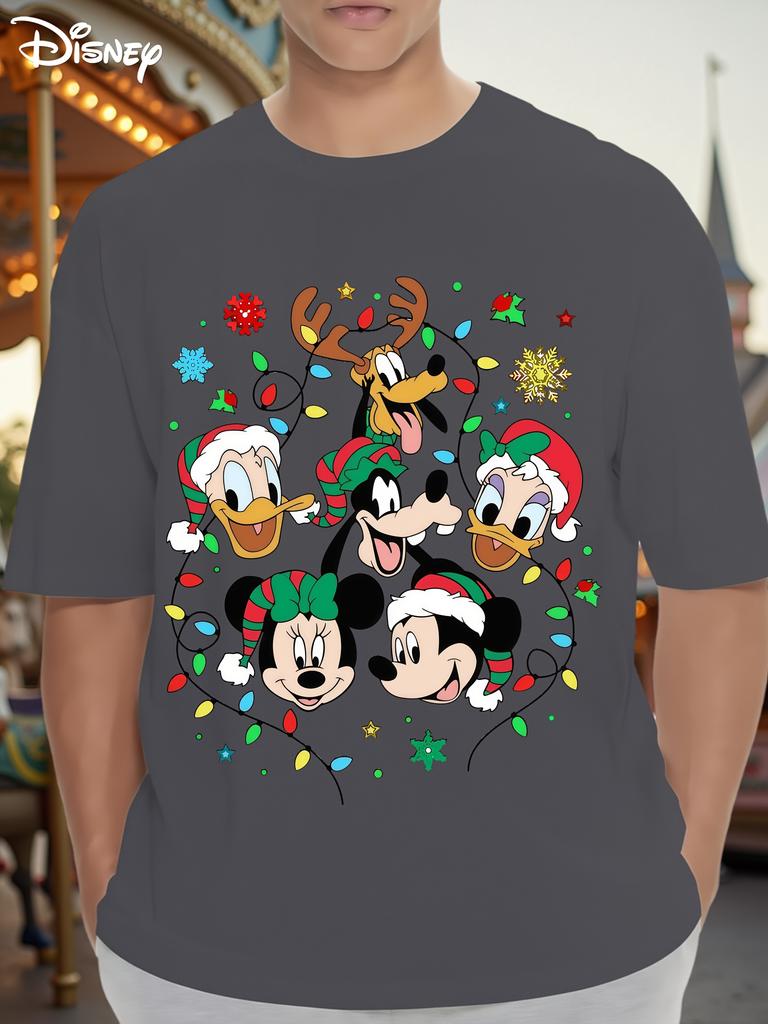 Disney Christmas Cartoon Printed Cotton Tshirt 2026 Mens and Womens Summer New Street Trendy Casual Loose Short Sleeved Top