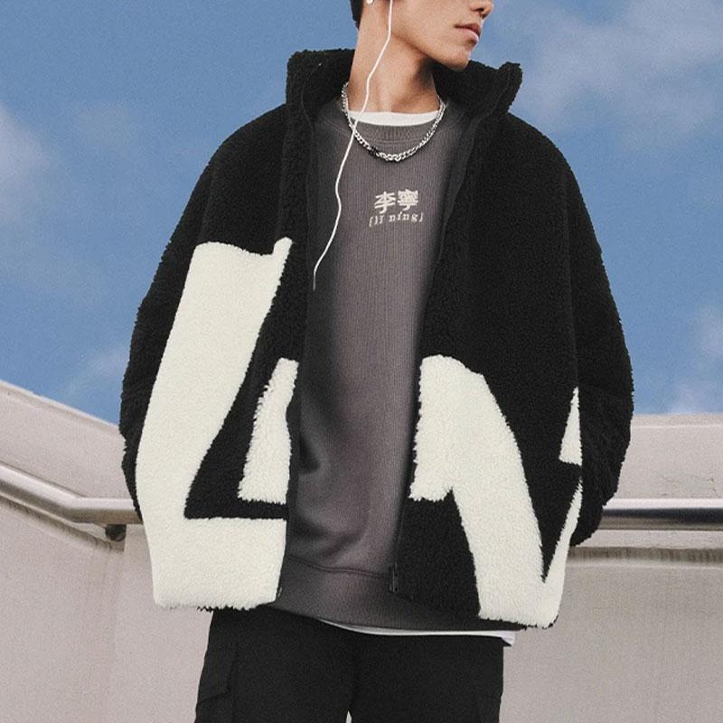 Li Ning Sports Lifestyle Series Color Block Warm Loose Short Lamb Fleece Jacket Unisex Jacket Black AFDT947-2