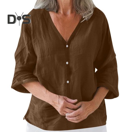 

Женская рубашка свободного кроя с V-образным вырезом и рукавом 3/4, летняя застежка на пуговицы, однотонная повседневная футболка на каждый день S темно-коричневого