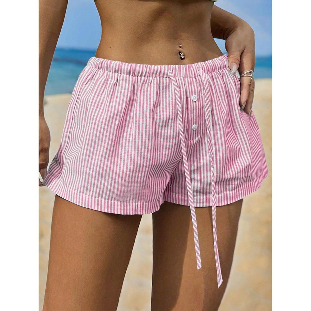 Women's Elastic Lace-up Striped Casual Shorts - Summer 2025