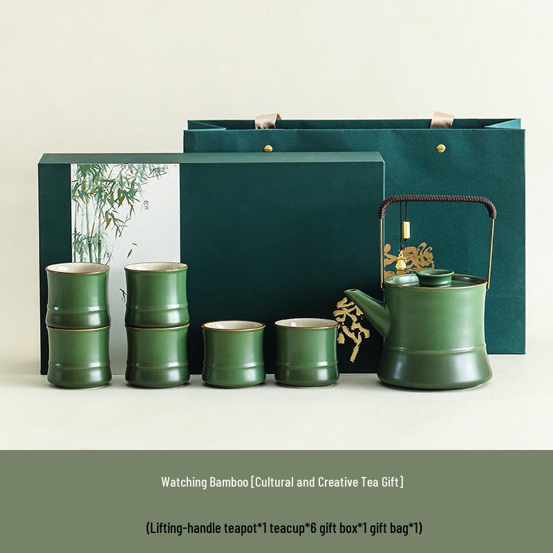 Green Bamboo Handle Kung Fu Tea Set: Elegant Teapot & Teacups Gift for Teachers and Elders