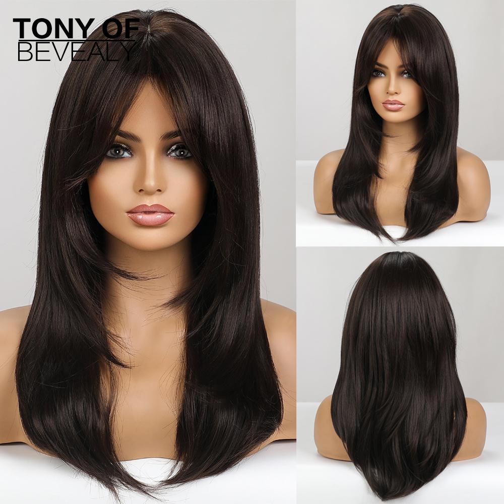 Long Wavy Layered Black-Brown Shoulder-Length Wigs With Bangs Heat Resistant Synthetic Wigs for Women Cosplay Daily Natural Wigs