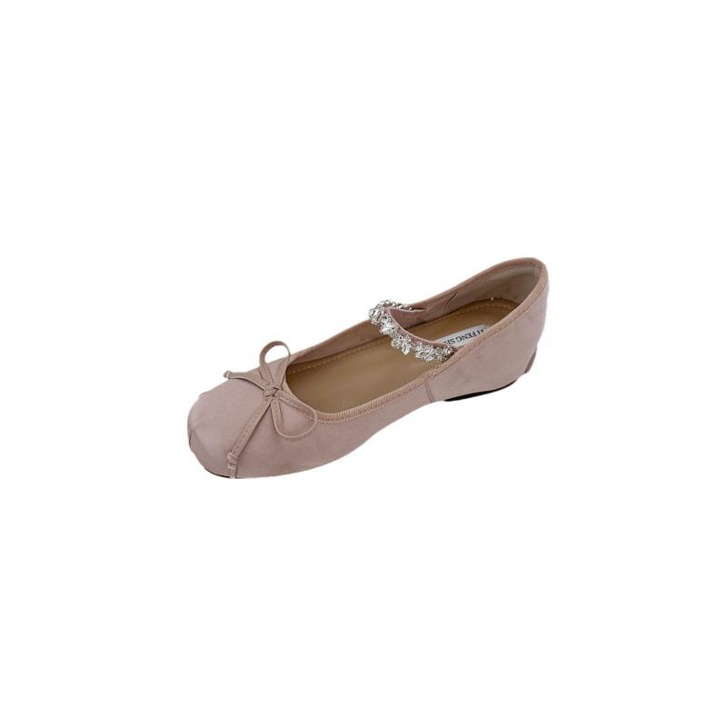 Sheepskin version~ Small inner height increase rhinestone ballet shoes women's shallow mouth single shoes bow Mary Jane shoes