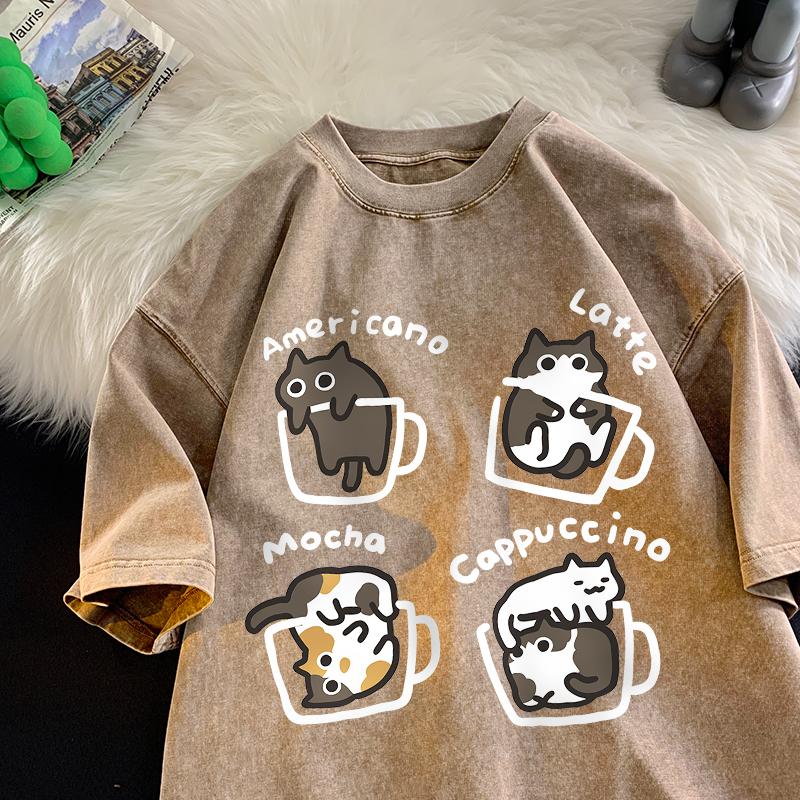 Cat Coffee Pure Cotton Trendy Summer Loose Short Sleeved T-shirt Men Women Mocha Latte Cat Vintage Water Washing Fun Cat Tees