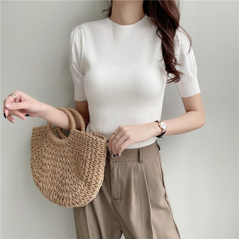 New Korean Style Half Turtleneck Puff Short-sleeved Knitted Top for Women Summer Thin Slim Fit T-shirt Bottoming Shirt