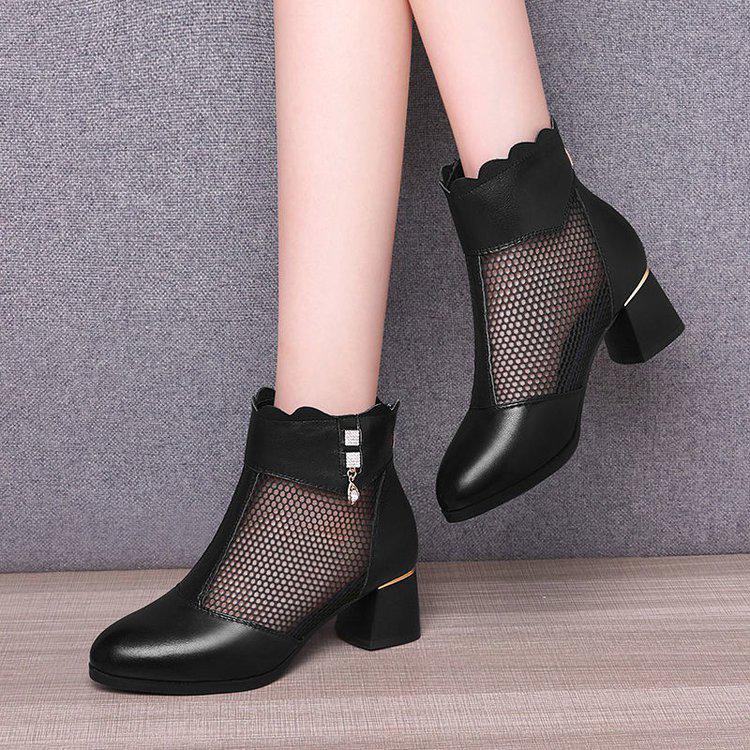 2025 Women's Spring-Summer Soft Leather Breathable Mesh Boots - Mid-Heel, Low Heel, Non-Slip, Round Toe, Chunky Heel Sandals