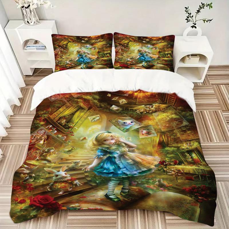 Alice Wonderland Adventure Print 3Pcs Bedding Setduvet Cover With 2 Bedropillowcase Home Birthday Gift