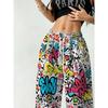 Wind Color Graffiti Printed Wide-leg Pants, High-waisted Drawstring Elastic Waist, American Street Style Casual Sports Trousers