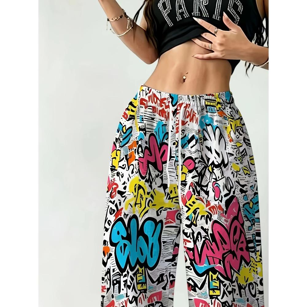 Wind Color Graffiti Printed Wide-leg Pants, High-waisted Drawstring Elastic Waist, American Street Style Casual Sports Trousers