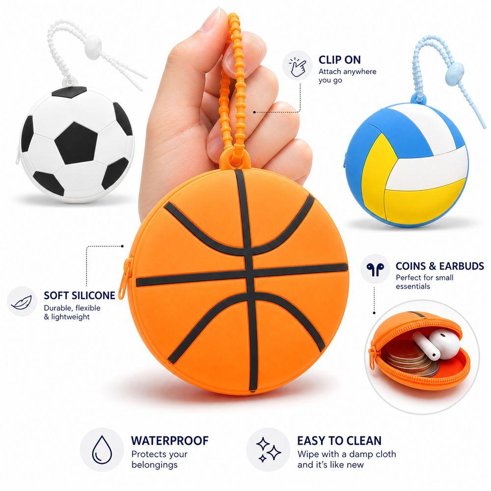 Portable Creative Sporty Ball Shaped Coin Purse Mini Waterproof Silicone Ball Shaped Pouch Cartoon Tennis Earphone Bag